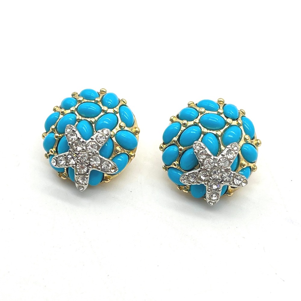 Kenneth Jay Lane KJL Turquoise Starfish Dome Stud Earrings Gold Tone Rhinestone